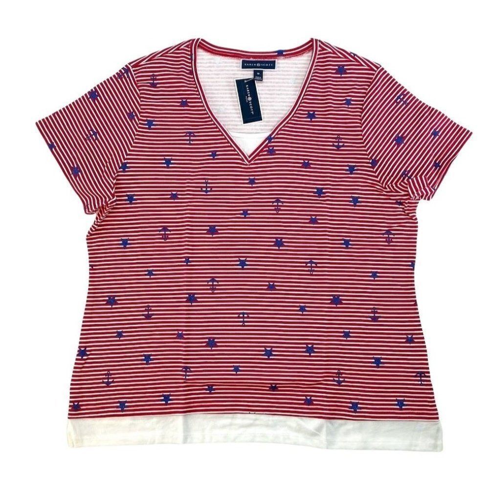 Karen Scott Shirt Top 1X Red White Women's‎ V-Neck Layered Look NEW